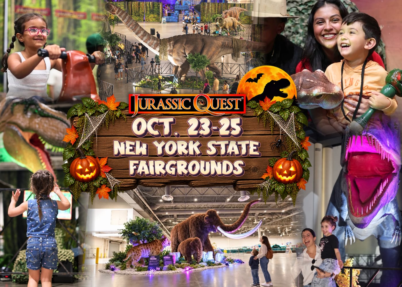 Promotional collage for Jurassic Quest in Syracuse, New York, October 23–25, at the New York State Fairgrounds. The Halloween-themed graphic features families and children enjoying life-size dinosaurs, interactive exhibits, and prehistoric Ice Age animals, including a woolly mammoth.