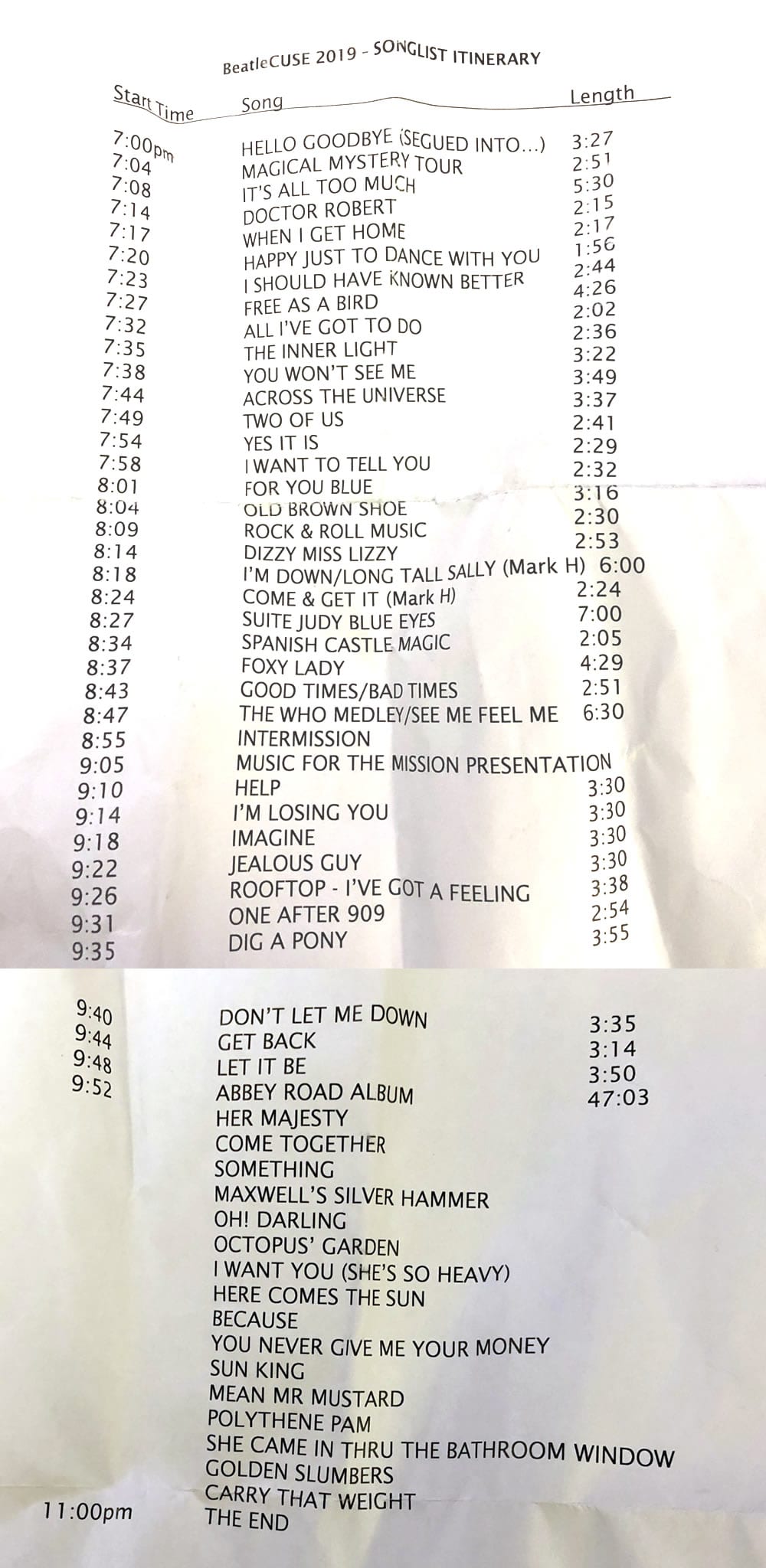Final BeatleCuse set list